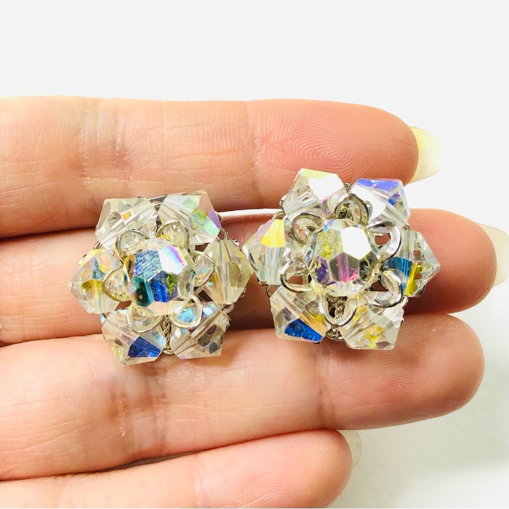 Vintage Pat Pend Signed AB Glass Crystal Clip on Earrings 1960s Silver Tone Base